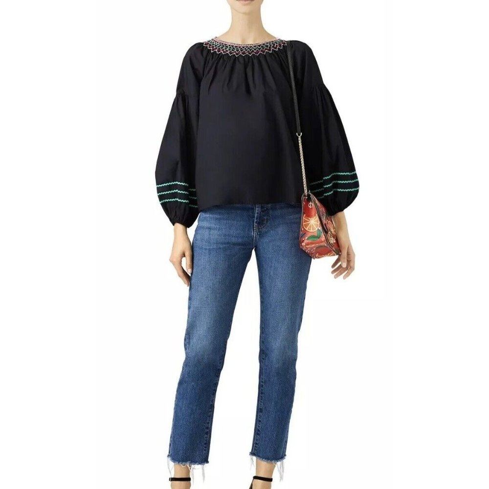 Joie Black Peasant Blouse with Mint and Pink Embroidery